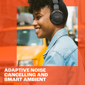 JBL Tune 670NC on head model demonstrating on-ear fit and portable use