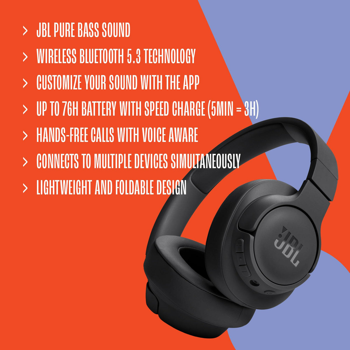 JBL Tune 720BT battery life indicator for long listening sessions on the go.