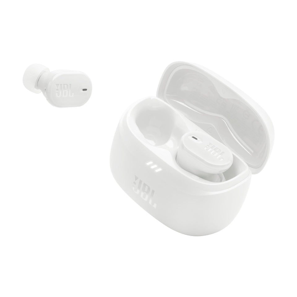 JBL Tune Buds 2 case close-up highlights portable charging and sleek white finish.
