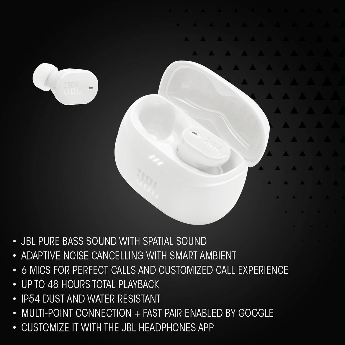 JBL Tune Buds 2 driver close-up revealing texture and craftsmanship for richer bass response