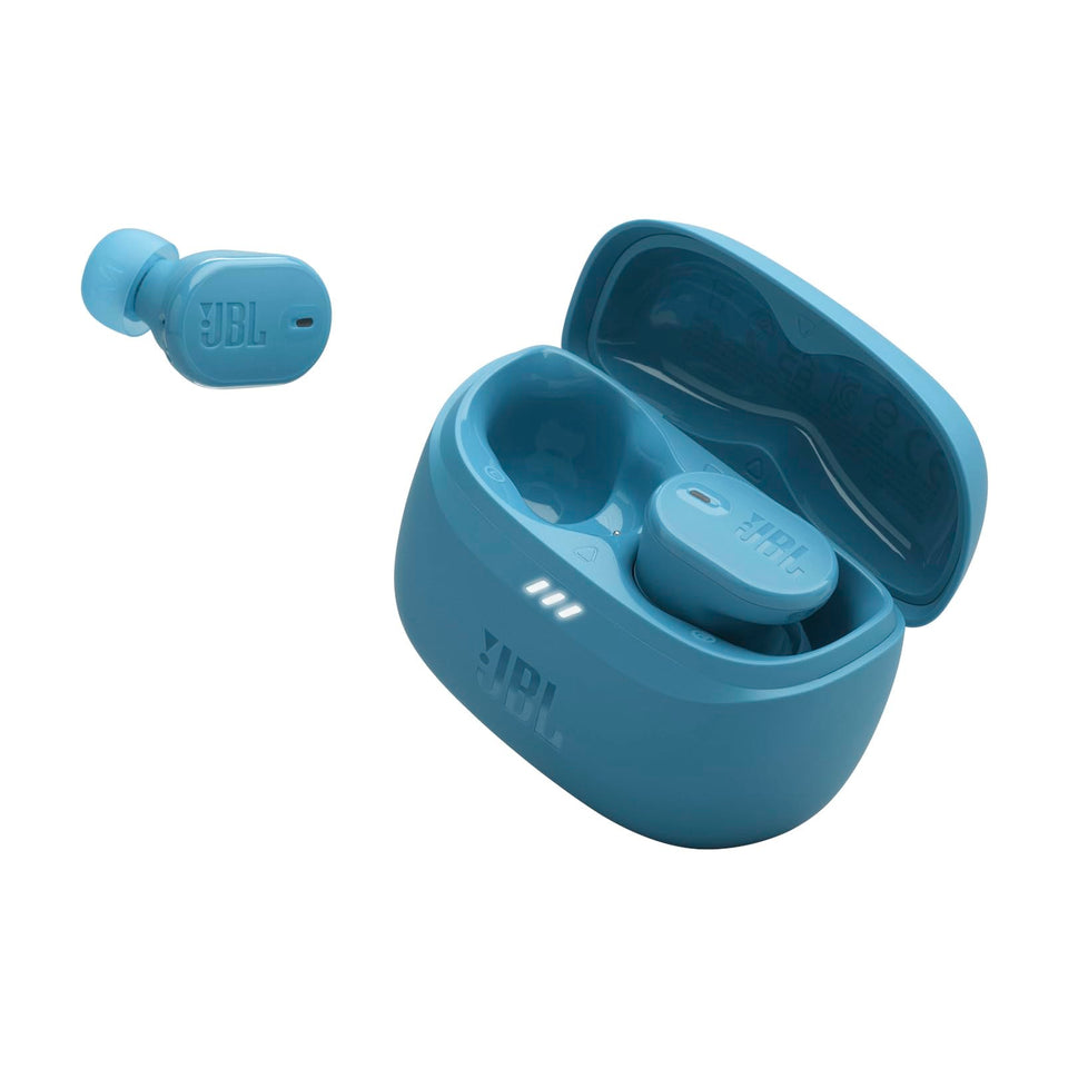 JBL Tune Buds 2 teal charging case open, ready for quick daily recharges.