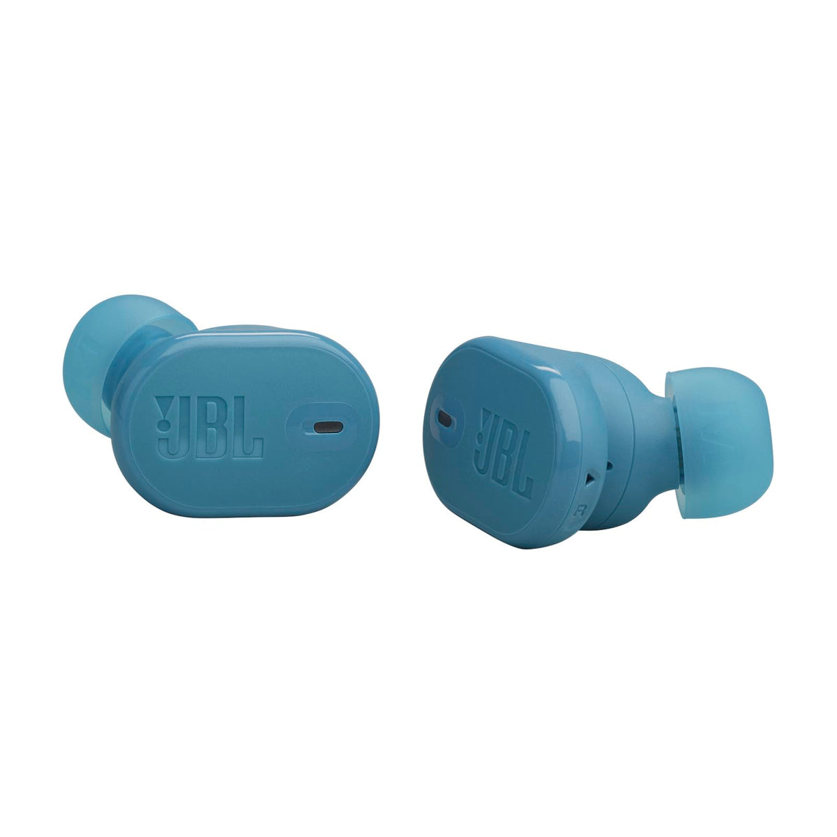 JBL Tune Buds 2 teal earbuds in ear with secure fit for all-day wear.
