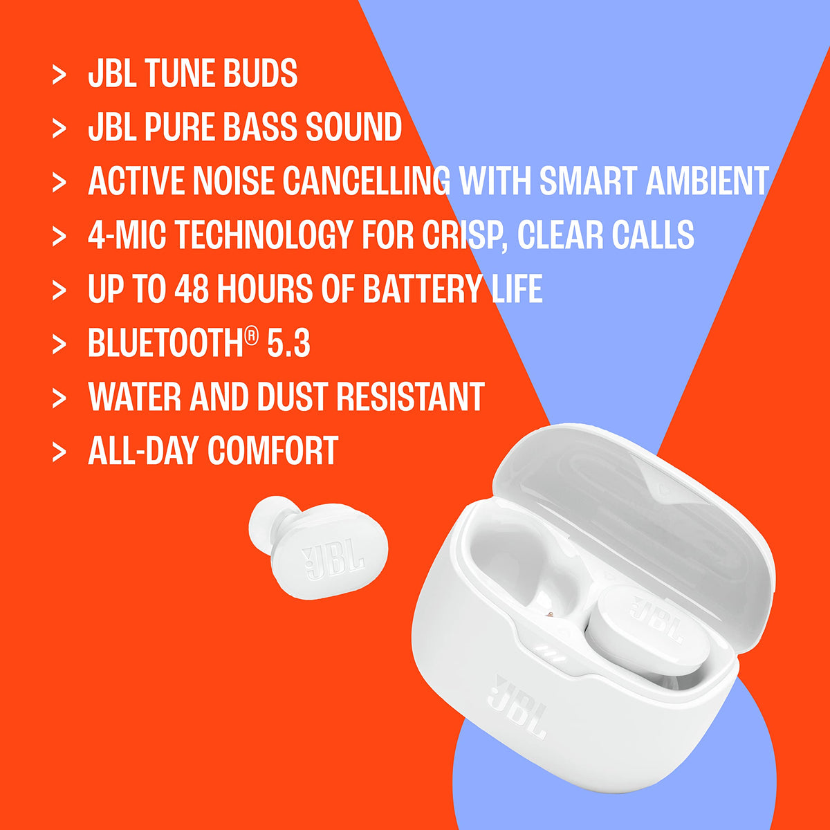 JBL Tune Buds offering up to 48 hours battery life with case.