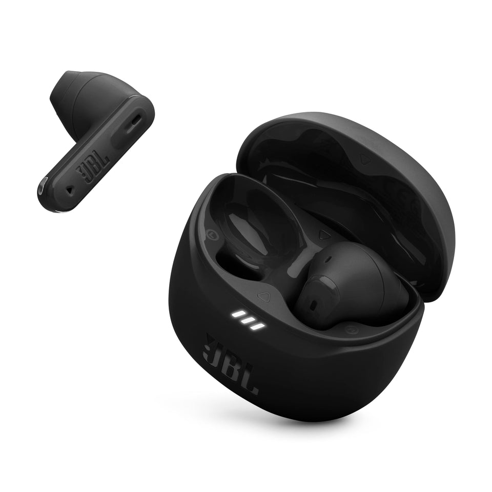JBL Tune Flex 2 case with earbuds in black for portable charging and storage.