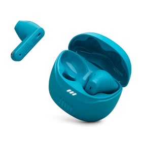 JBL Tune Flex 2 earbuds teal with case, designed for all-day comfort and immersive sound.