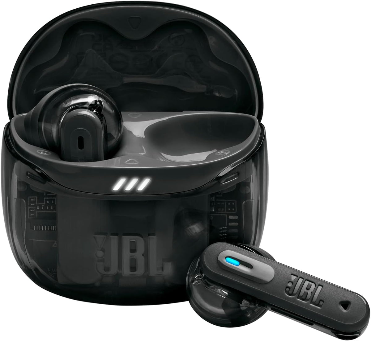 JBL Tune Flex 2 front view showing compact case and earbuds, good portability