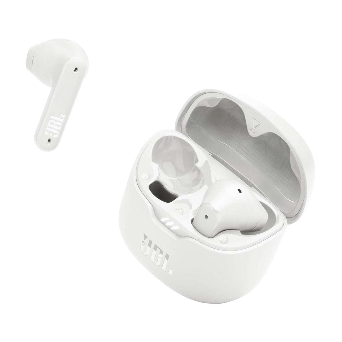 Hand holding JBL Tune Flex case showing compact scale and pocket-friendly portability