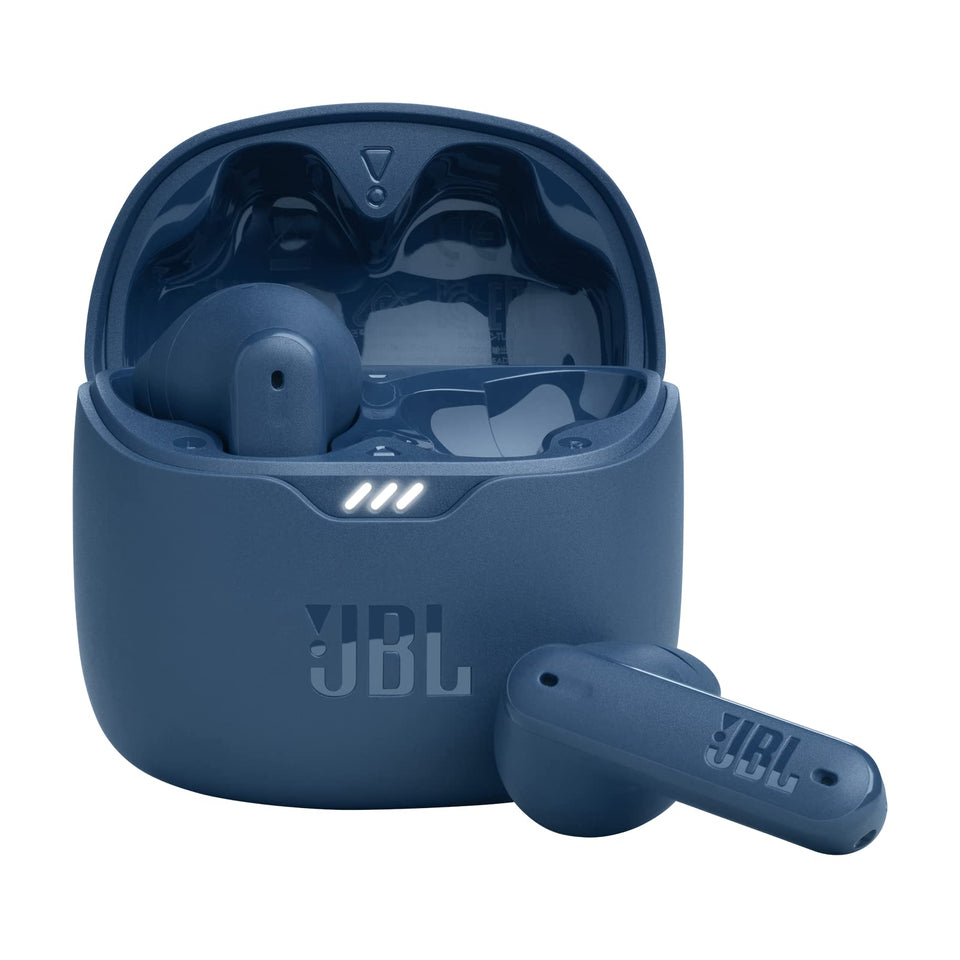 JBL Tune Flex earbuds blue front view showing compact, bass‑rich design.