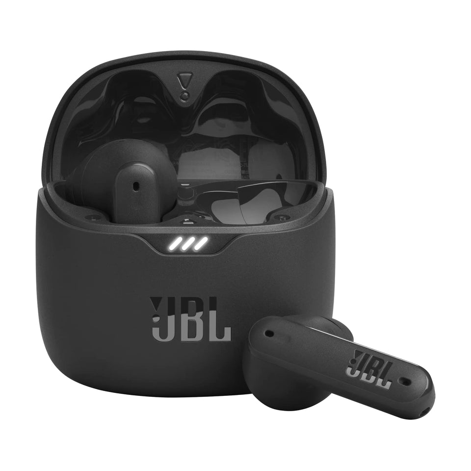 JBL Tune Flex earbuds in case show compact travel-friendly design.