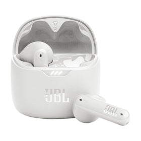 JBL Tune Flex earbuds in white with compact design and deep bass for daily listening