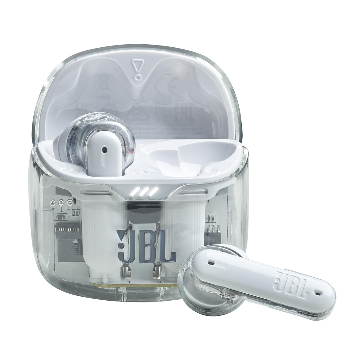 JBL Tune Flex ghost edition front view showing earbuds and case, clear branding and benefit
