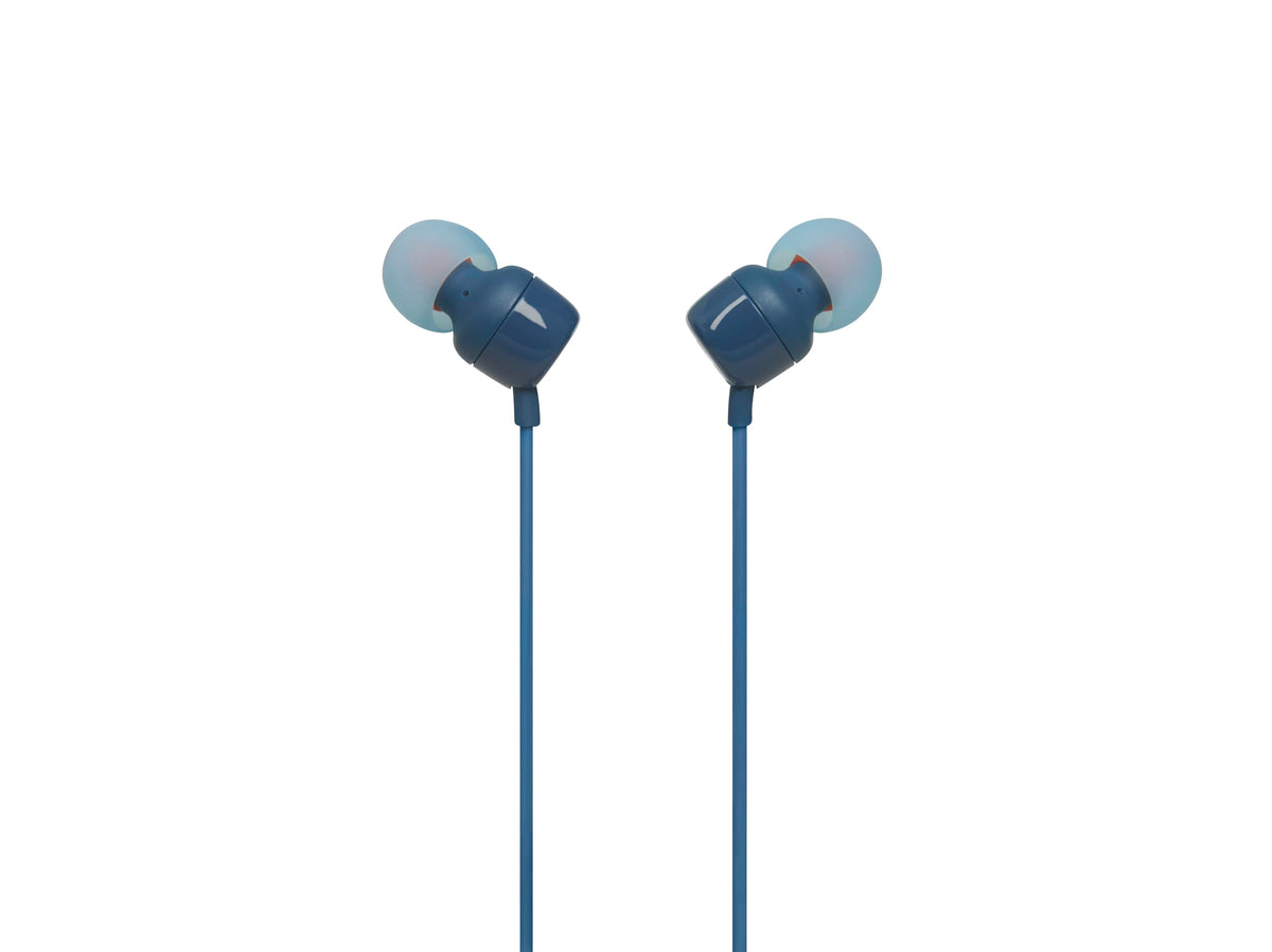JBL Tune110 blue front view earphones showing compact, comfortable fit and bass potential