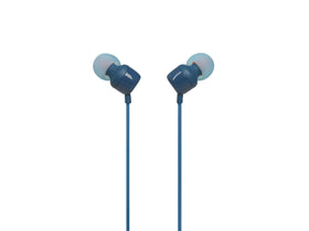 JBL Tune110 blue front view earphones showing compact, comfortable fit and bass potential