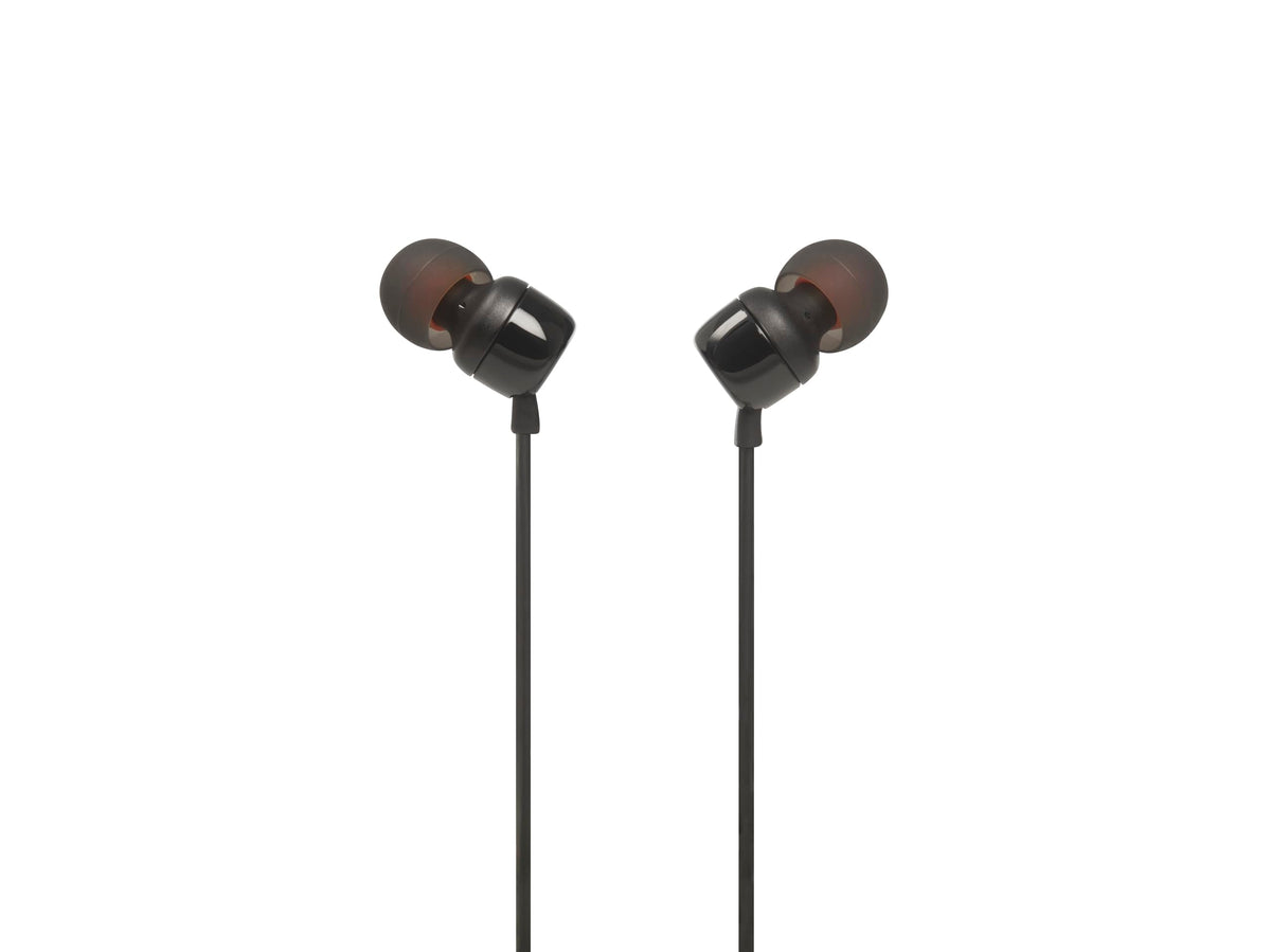 JBL Tune 110 earpiece close-up with 9mm driver delivering deep bass for daily listening