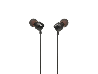 JBL Tune 110 earpiece close-up with 9mm driver delivering deep bass for daily listening