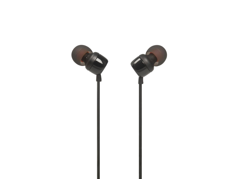 JBL Tune 110 earpiece close-up with 9mm driver delivering deep bass for daily listening