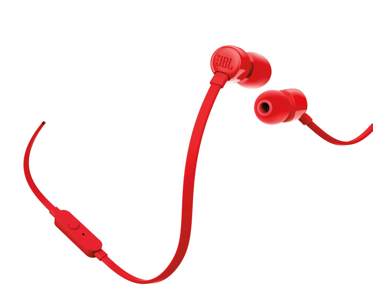 JBL Tune110 red earbuds back view highlighting lightweight housing.