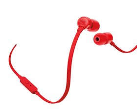 JBL Tune110 red earbuds back view highlighting lightweight housing.