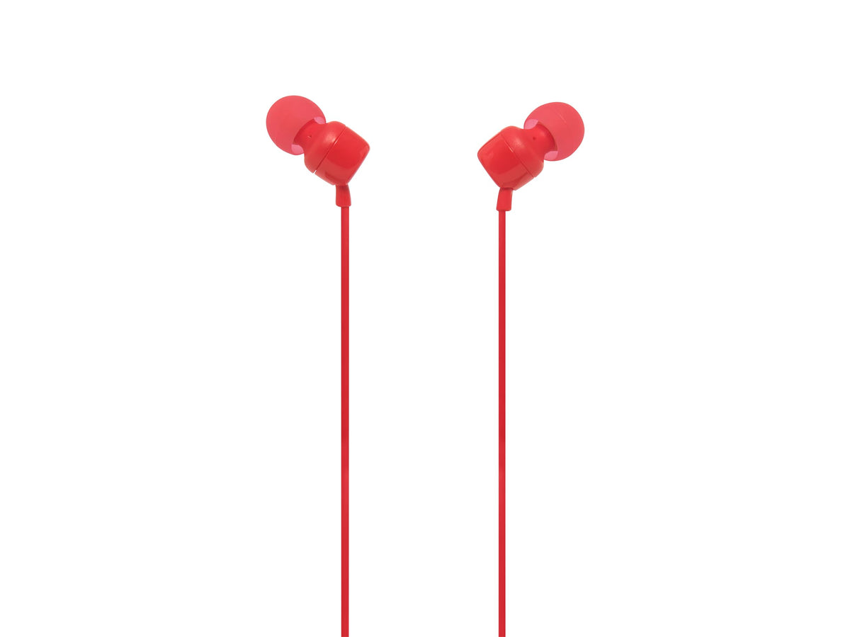 JBL Tune110 red earbuds front view, compact in-ear design for on-the-go listening.