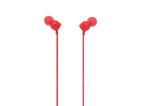 JBL Tune110 red earbuds front view, compact in-ear design for on-the-go listening.