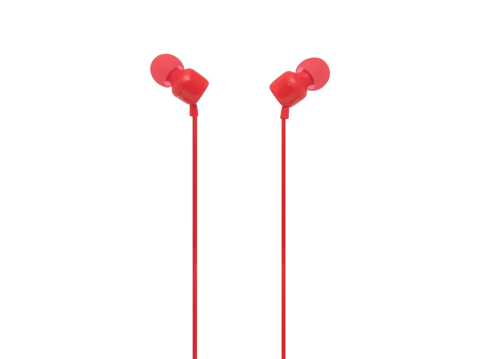 JBL Tune110 red earbuds front view, compact in-ear design for on-the-go listening.