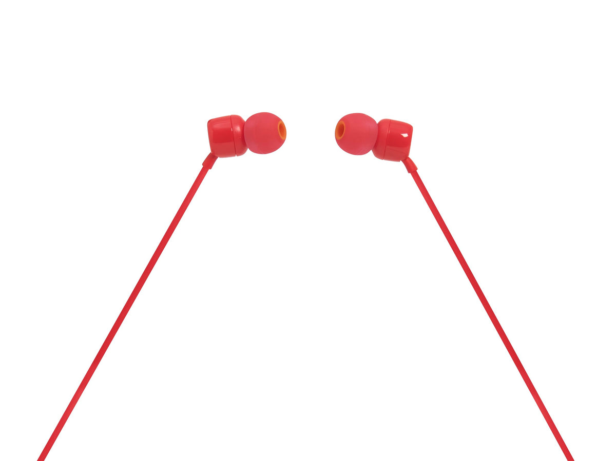 JBL Tune110 red flat cable close-up emphasizing tangle-free design.