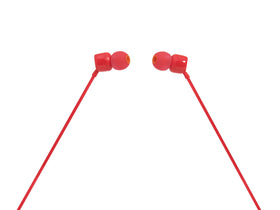 JBL Tune110 red flat cable close-up emphasizing tangle-free design.