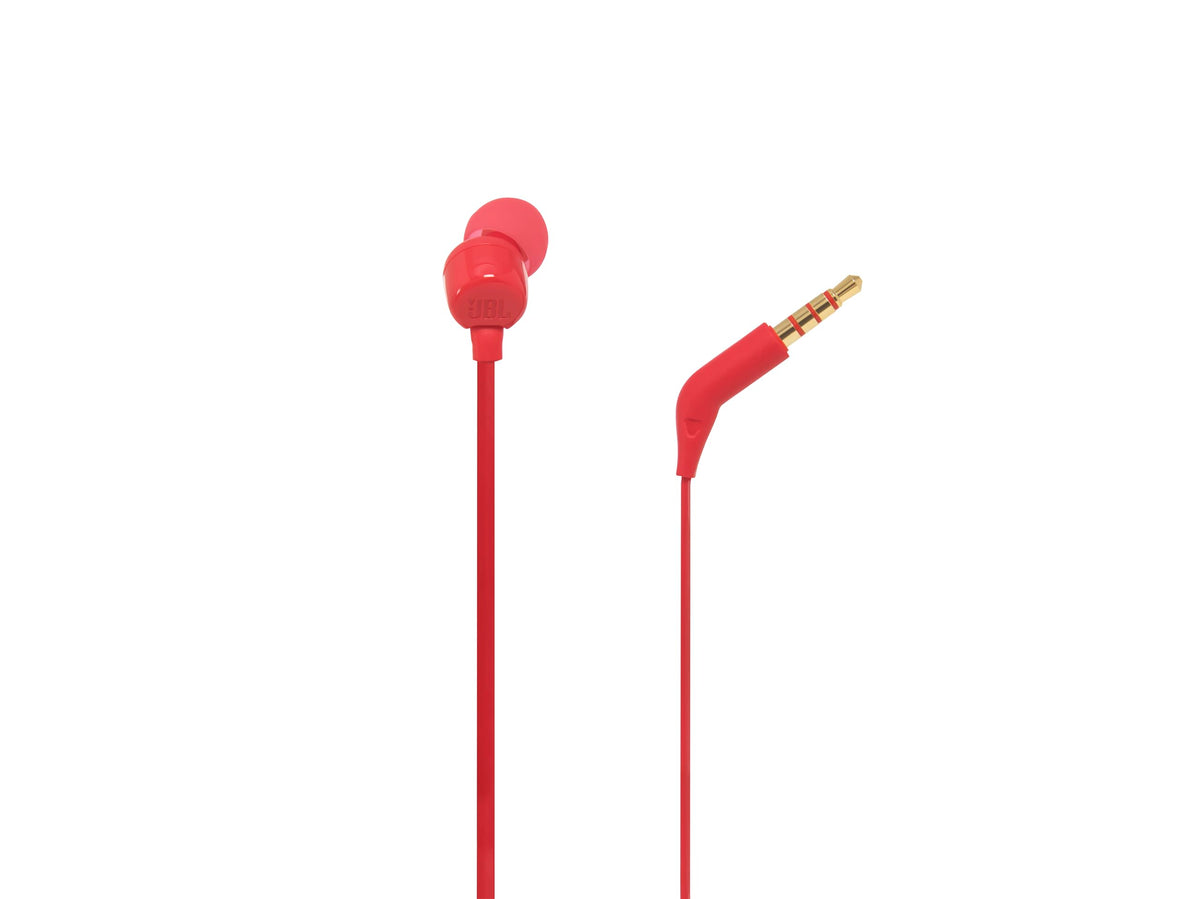 JBL Tune110 red remote with microphone close-up for hands-free calls.