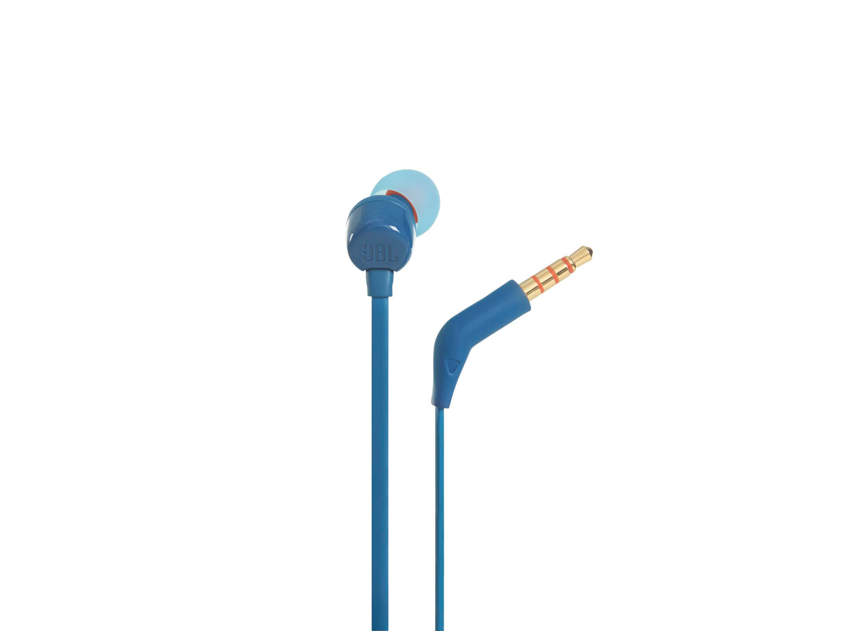 JBL Tune110 tangle-free flat cable close-up illustrates durable everyday use