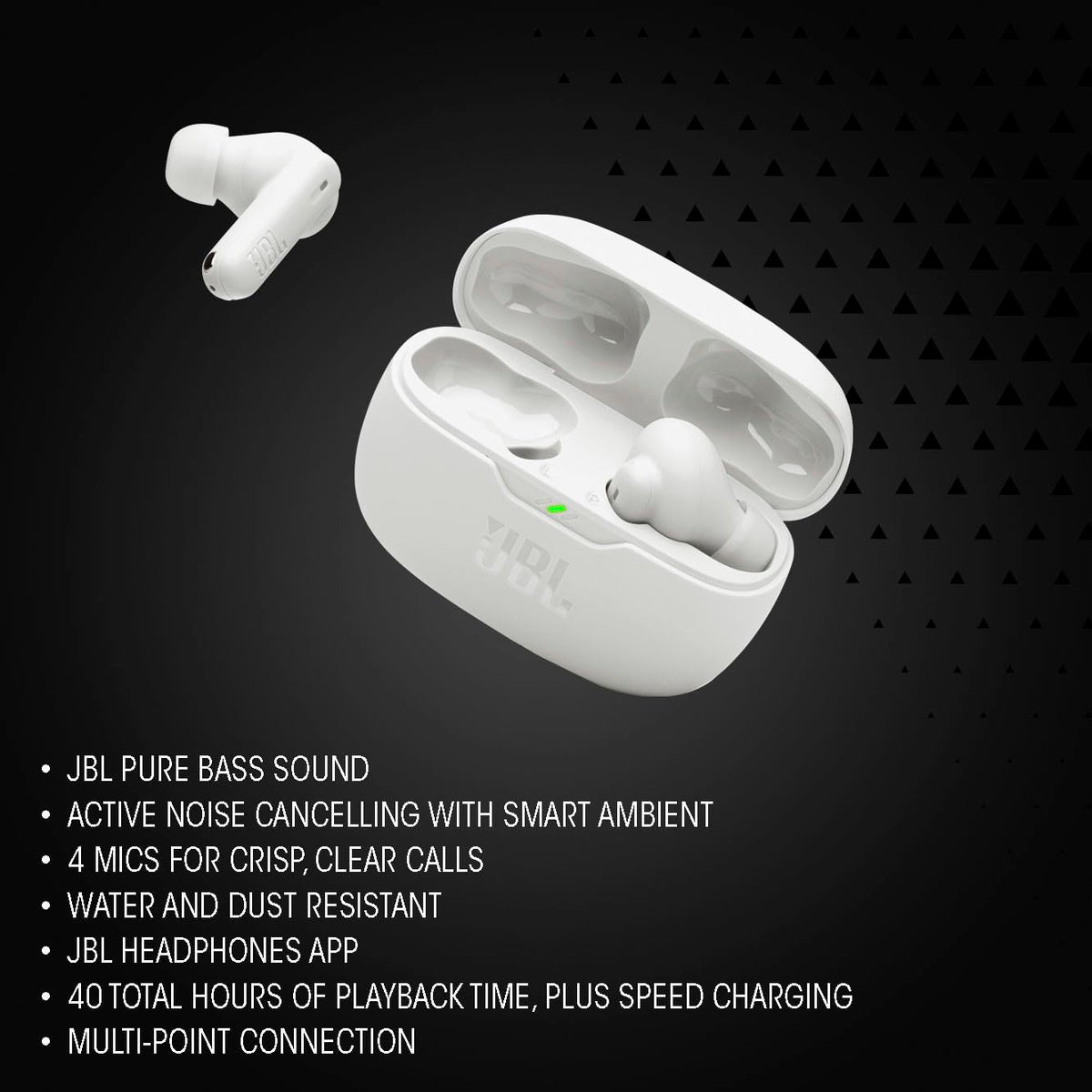 JBL Vibe Beam 2 earbud close-up texture highlighting build quality and comfort