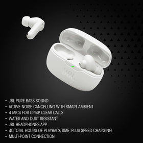 JBL Vibe Beam 2 earbud close-up of driver revealing texture and precise sound delivery