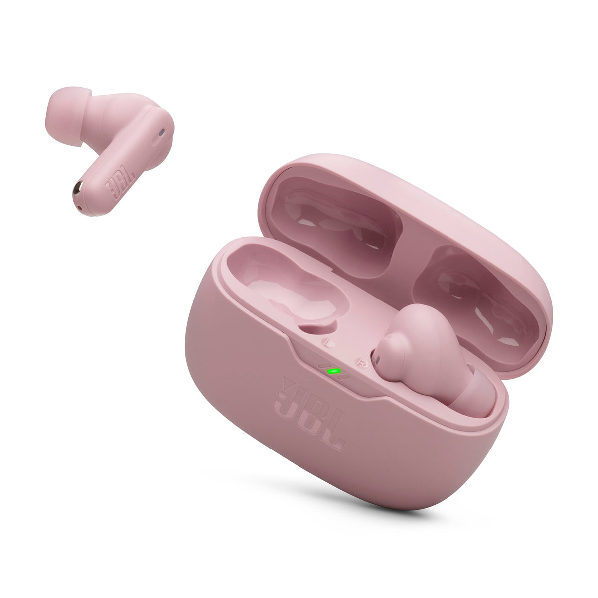 JBL Vibe Beam 2 front view in pink showing compact design and visual appeal