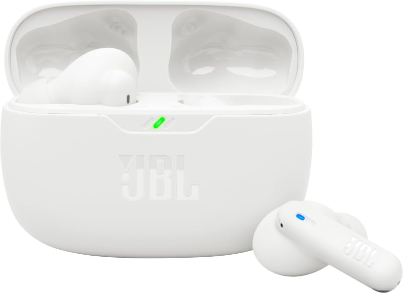 JBL Vibe Beam 2 next to smartphone showing compact size and travel convenience