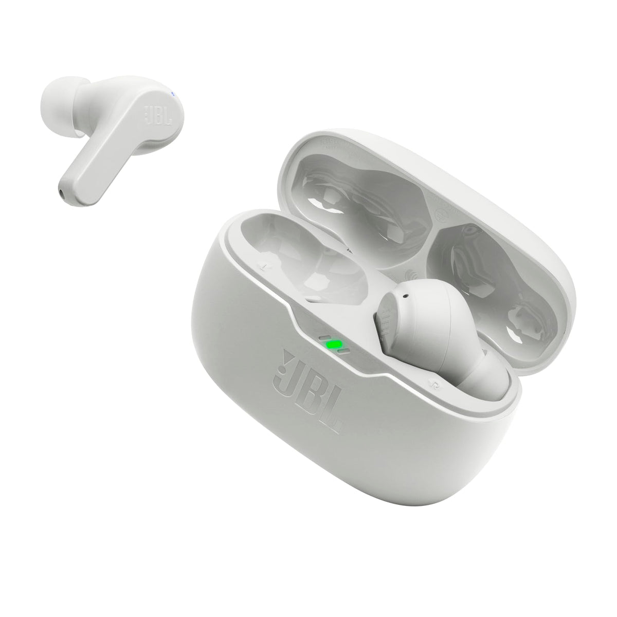 JBL Vibe Beam charging case back with ports, showing easy recharging