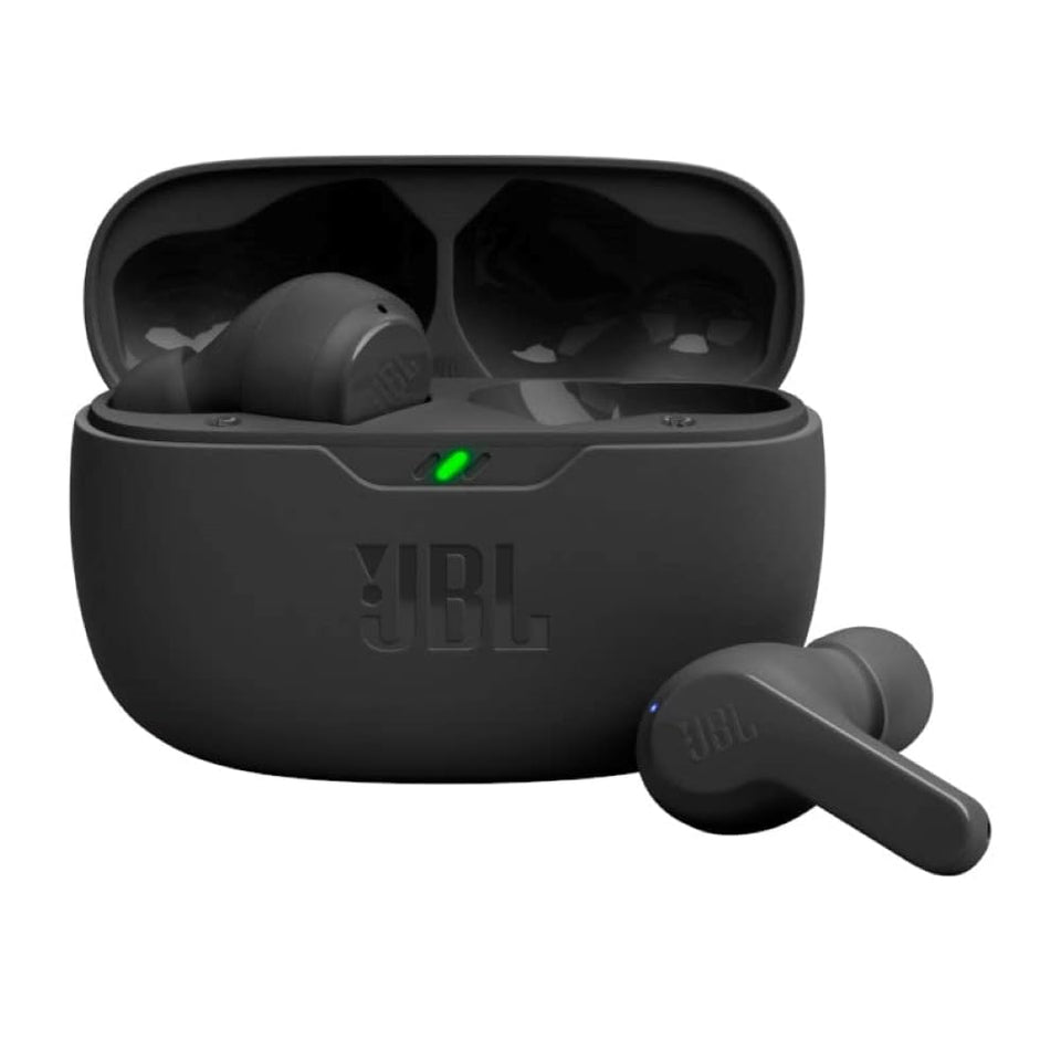 JBL Vibe Beam front packaging showing earbuds and features for quick purchase benefit