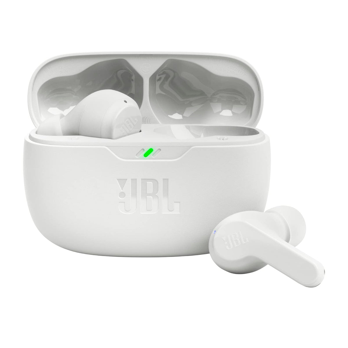 JBL Vibe Beam front view showing earbuds and case, clear product benefit