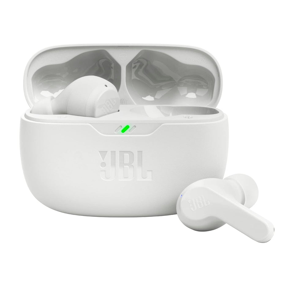 JBL Vibe Beam front view showing earbuds and case, clear product benefit
