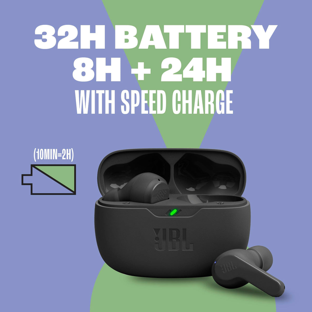 JBL Vibe Beam earbuds shown with splash and dust resistance for outdoor use.