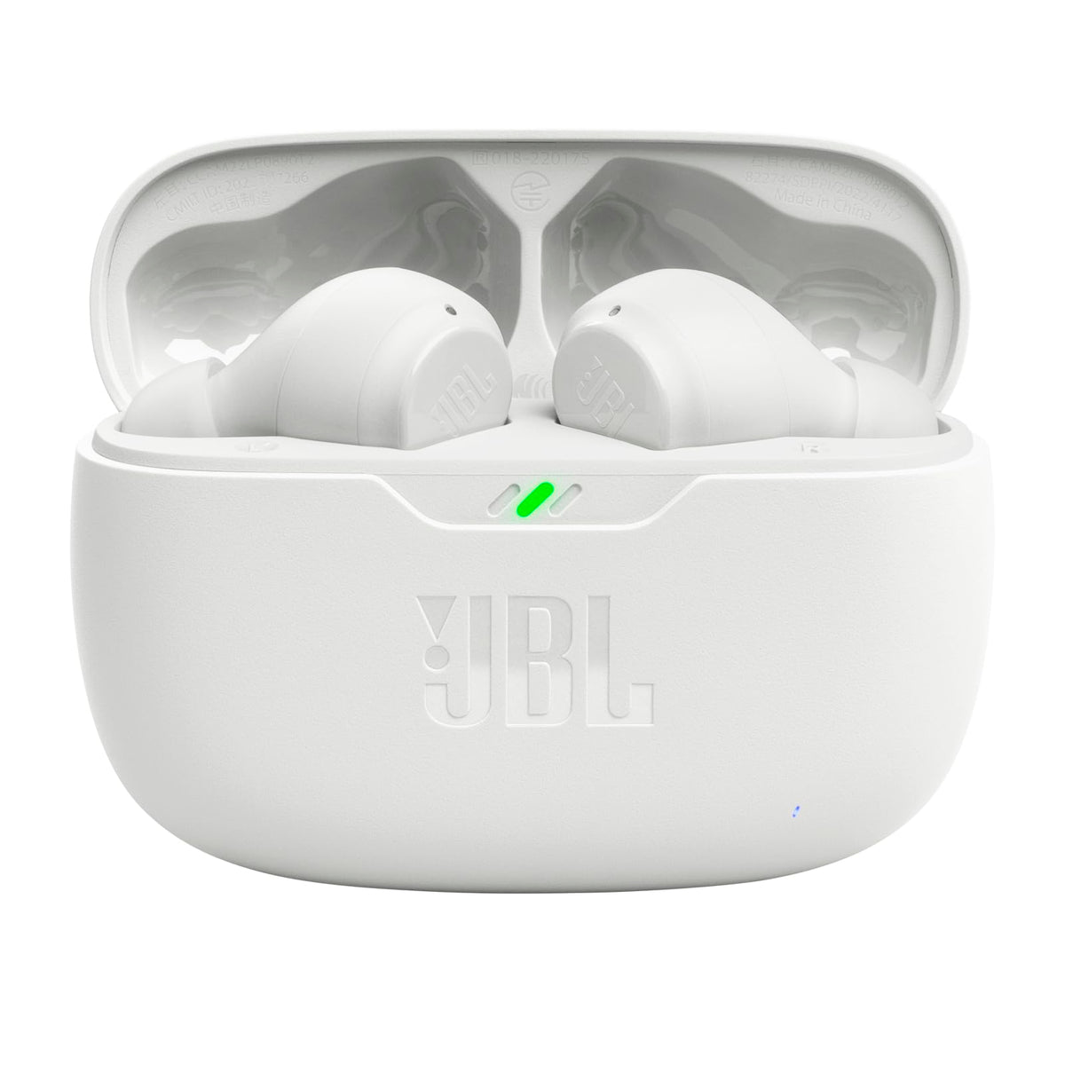 JBL Vibe Beam open case with earbuds, showing extended battery convenience