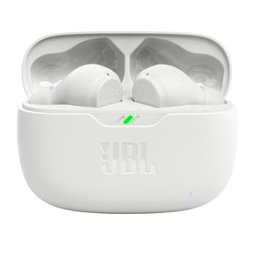 JBL Vibe Beam open case with earbuds, showing extended battery convenience