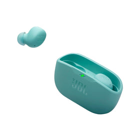 JBL Vibe Buds 2 charging case next to a phone showing compact portability