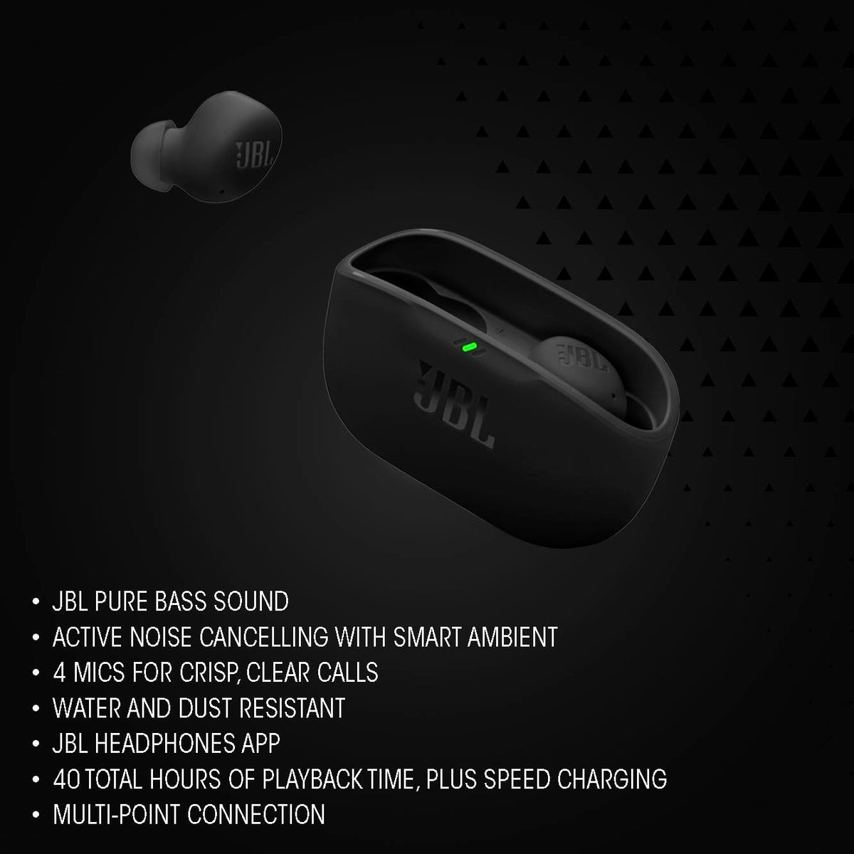 Close-up of JBL Vibe Buds 2 driver and mesh, illustrating audio component detail and sound quality