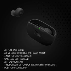 Close-up of JBL Vibe Buds 2 driver and mesh, illustrating audio component detail and sound quality