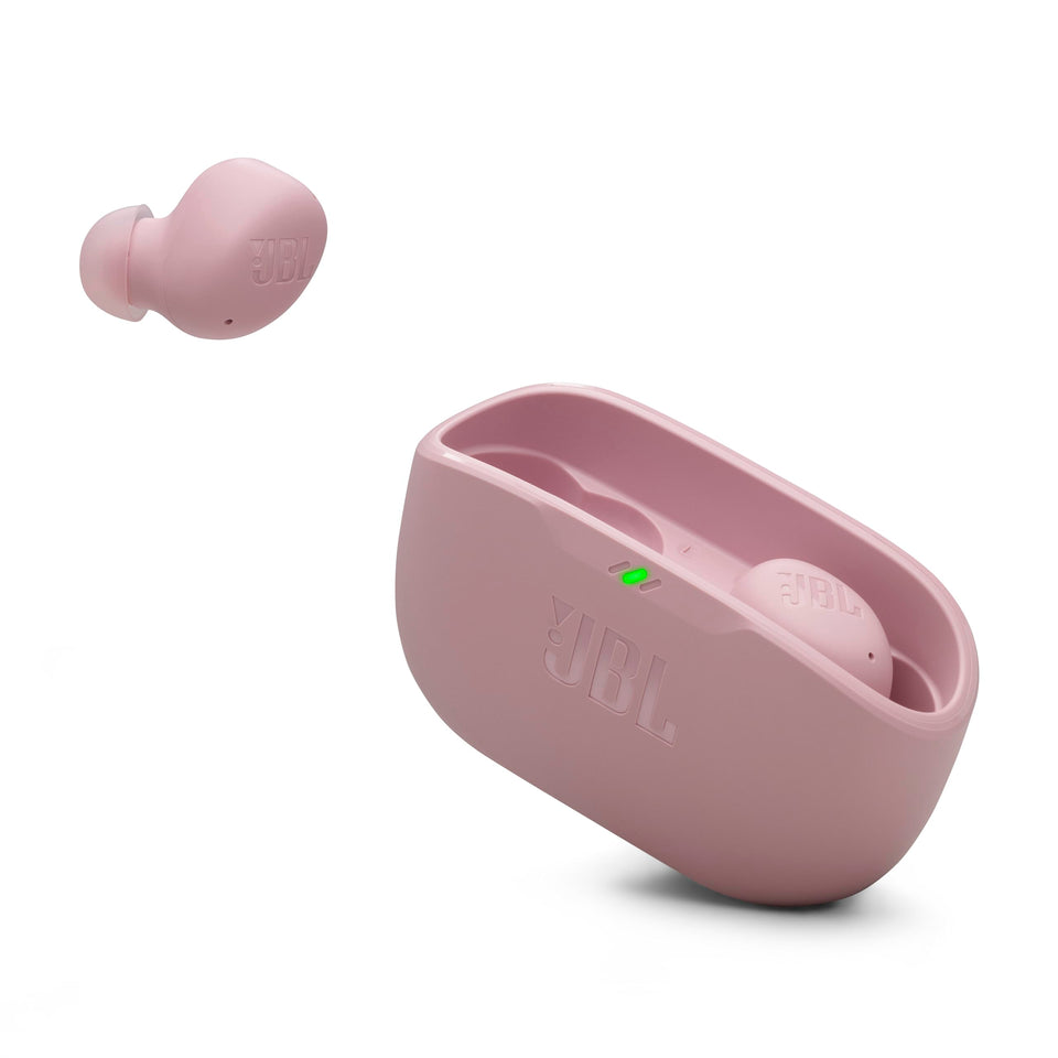 JBL Vibe Buds 2 front view showing pink finish and compact design benefit portability