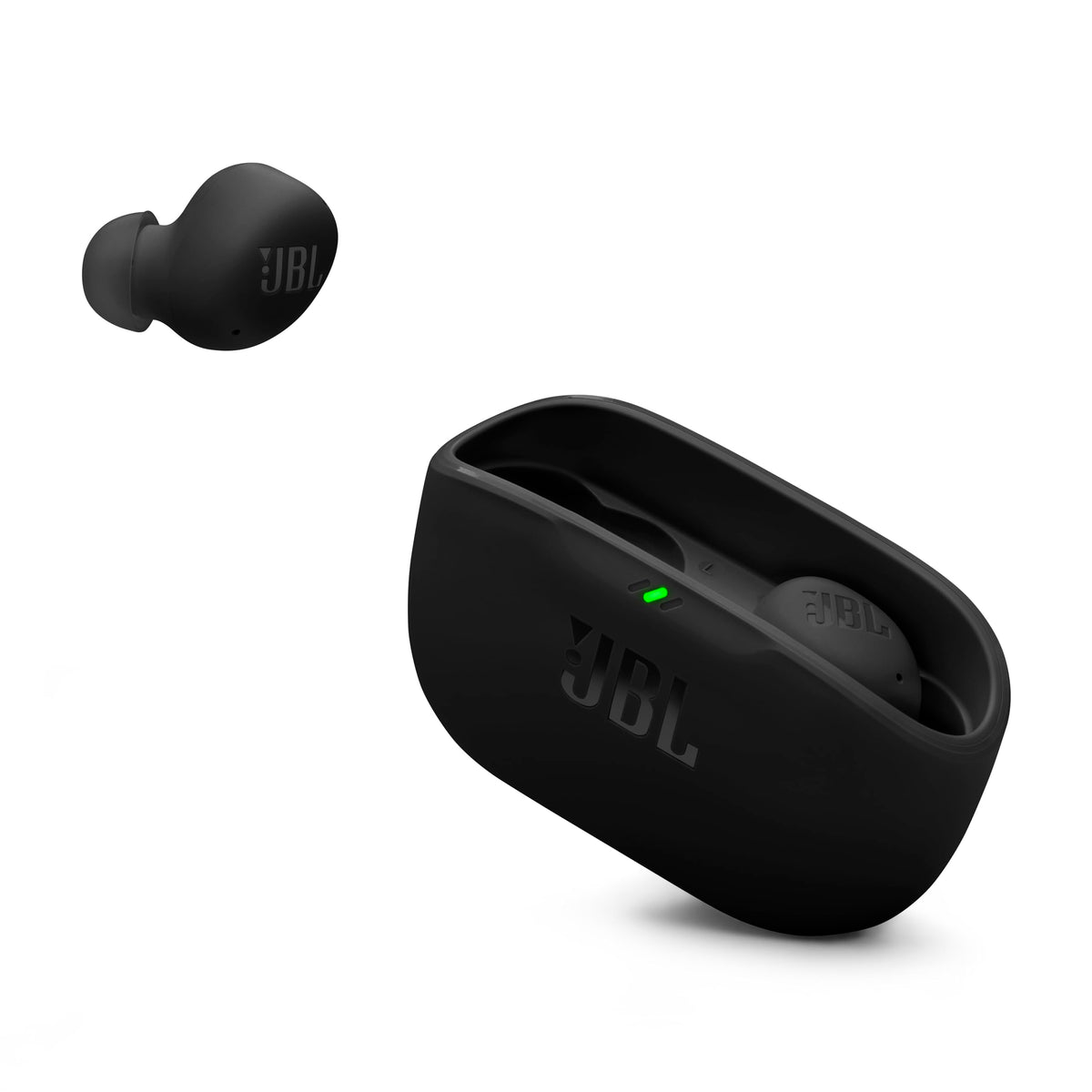 JBL Vibe Buds 2 front view showing earbuds and case, highlighting compact portability
