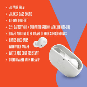 JBL open charging case showing earbuds and battery indicators for long playback