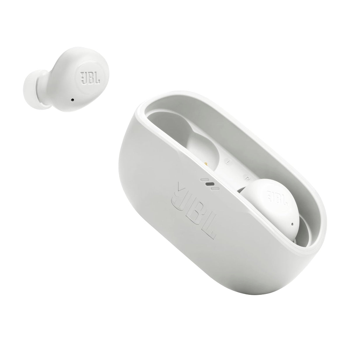 JBL front packaging showing earbuds and case, highlights compact design