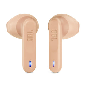 JBL Vibe Flex beige earbuds delivering deep bass and clear audio for active listening.