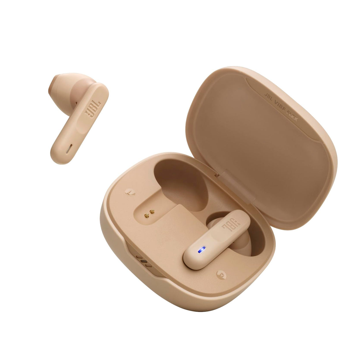 JBL Vibe Flex beige with dual mic enabling hands-free calls and voice assistant.