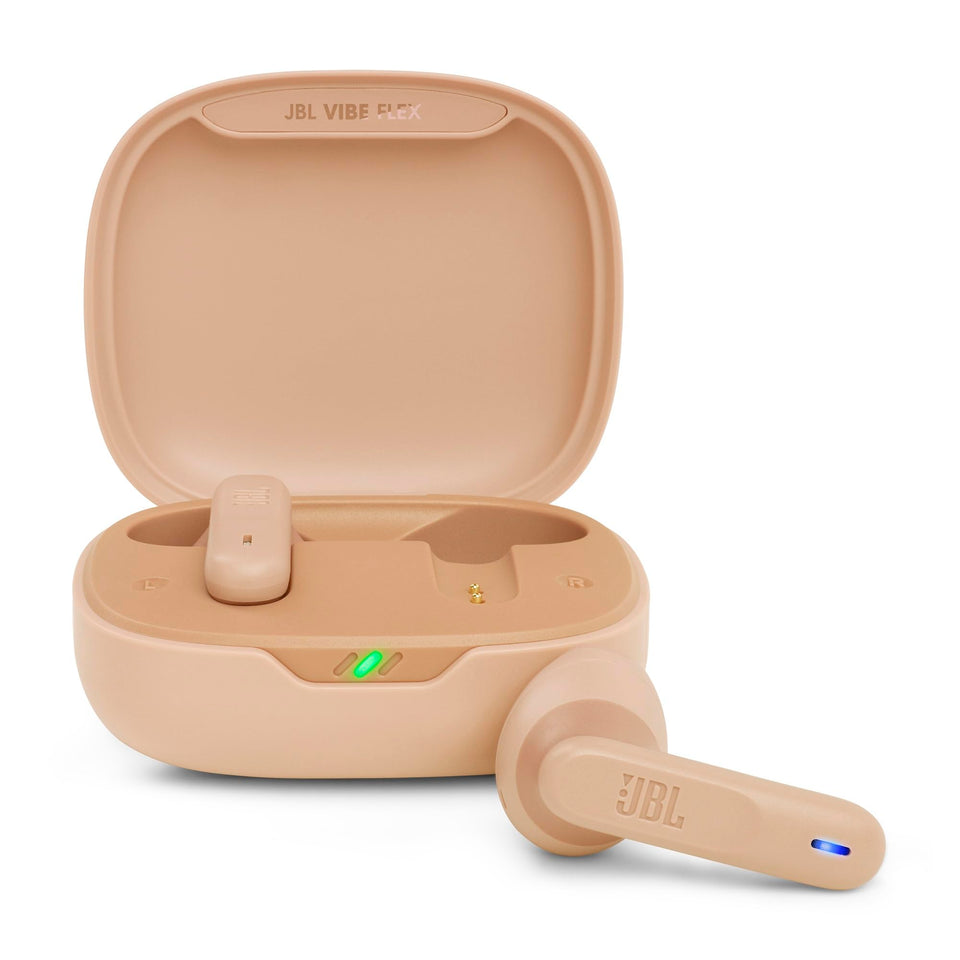 JBL Vibe Flex beige earbuds with open-ear design for safe ambient awareness during workouts.